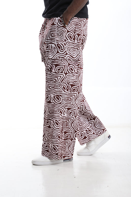 Burgundy & White Adire Cargo Trousers