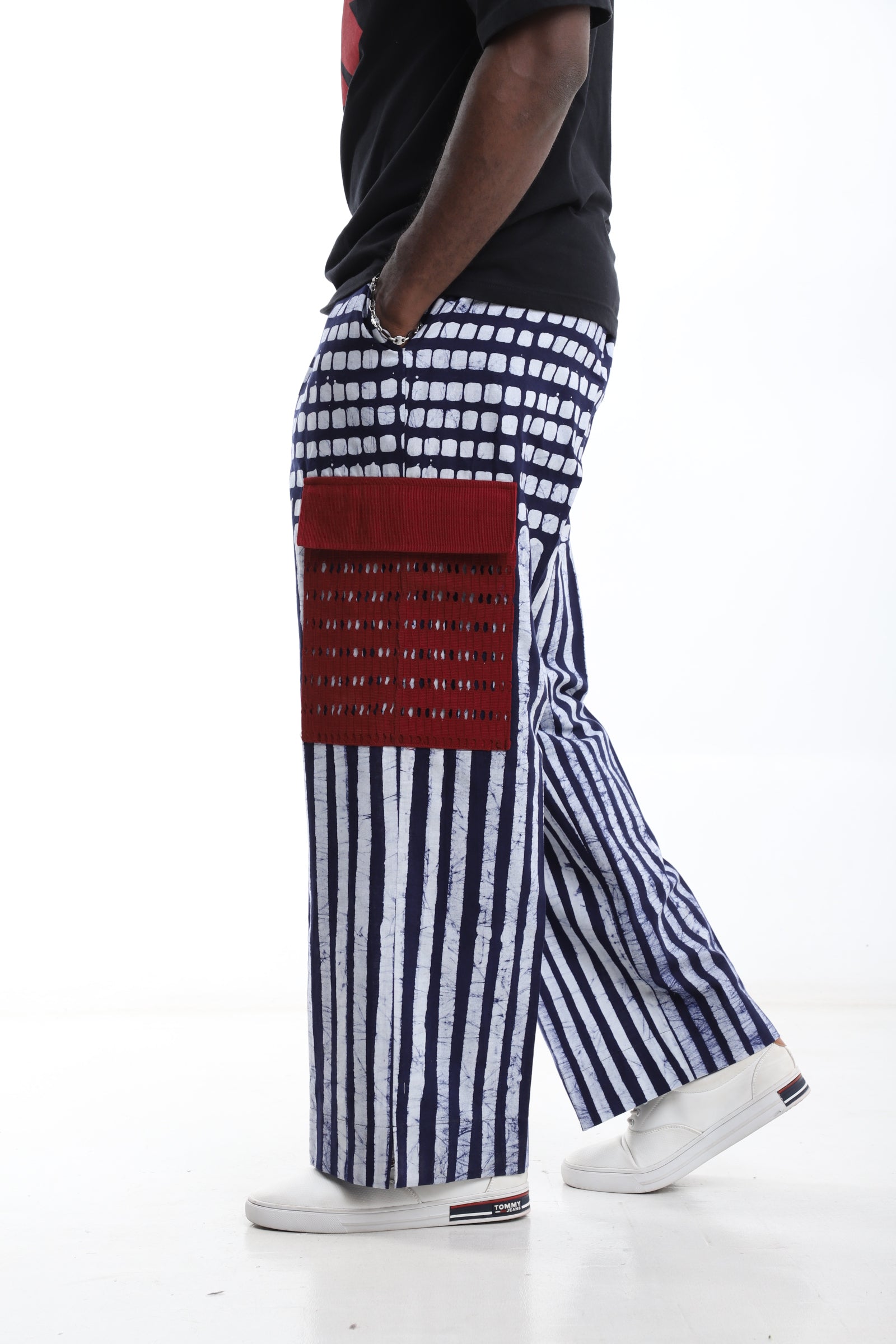 Navy Stripes with Red Pocket Adire Cargo Pants