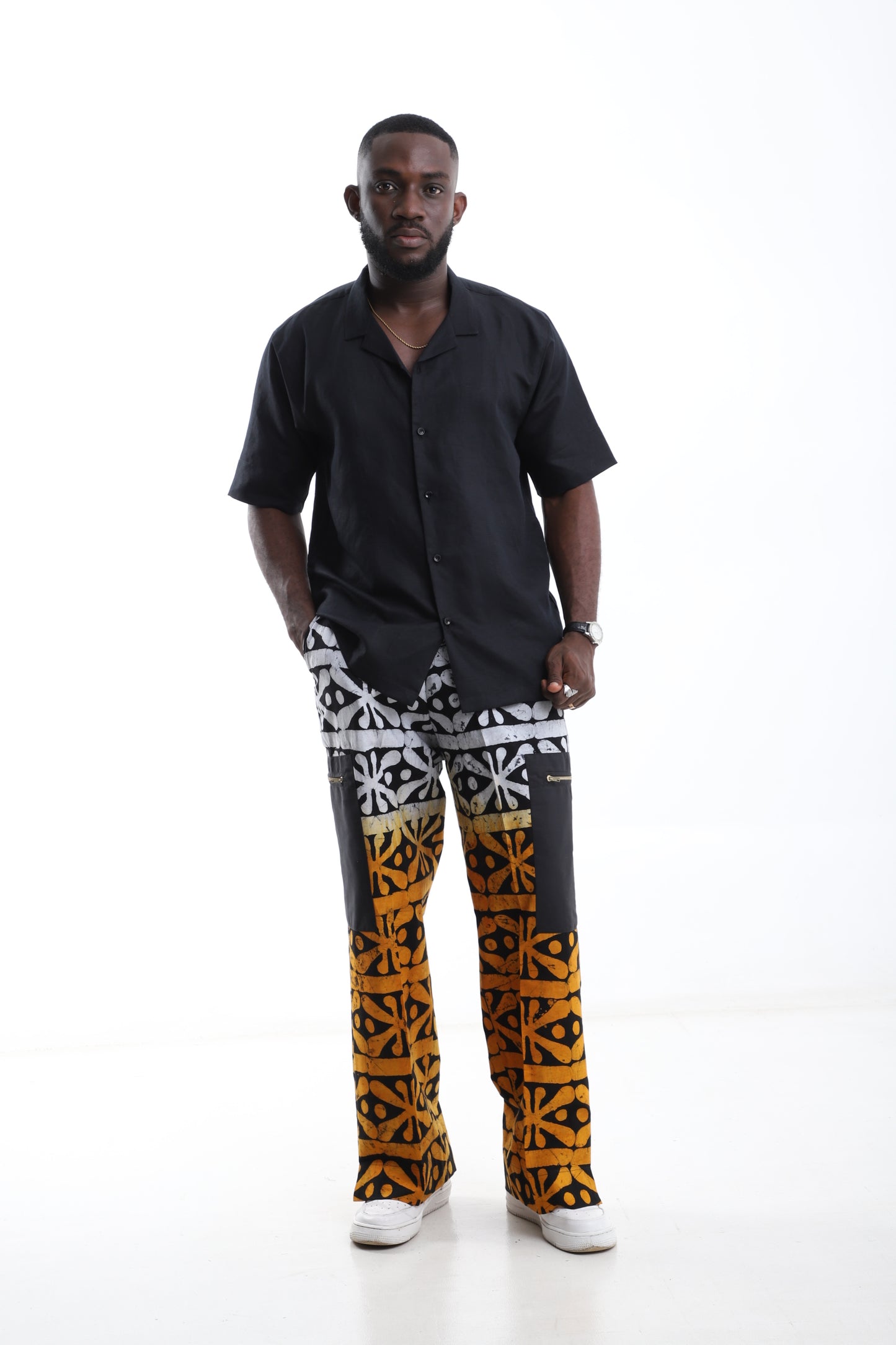 Midnight Bloom Set – Adire Trousers with Black Linen Shirt