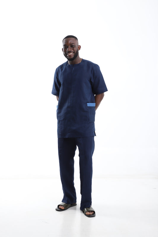 Navy Blue Linen Two-Piece Set