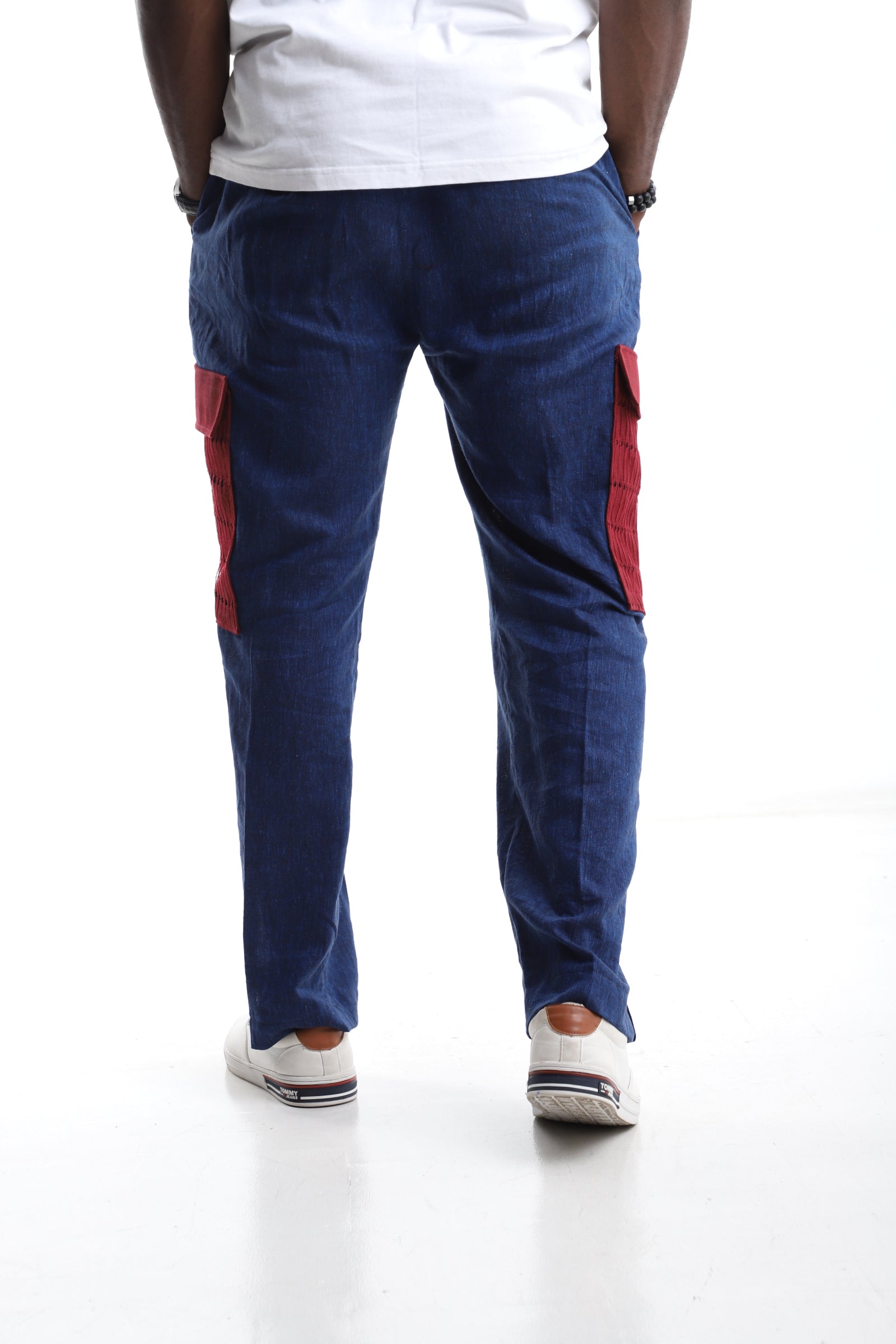 Navyblue Linen Trousers with Wine Aso-Oke Utility Pocket