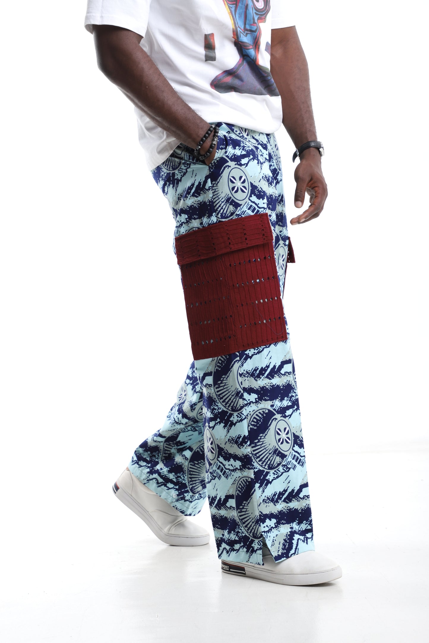 Tribal Print Trousers with Wine Aso-Oke Utility Pocket