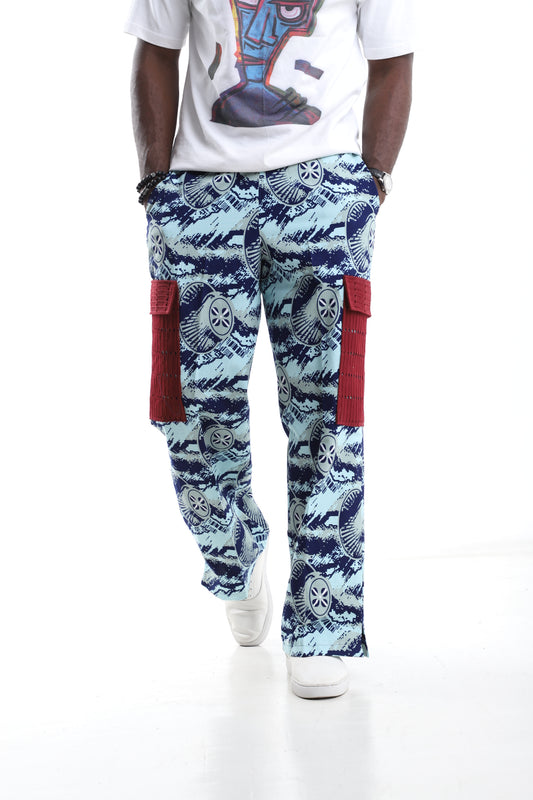 Tribal Print Trousers with Wine Aso-Oke Utility Pocket