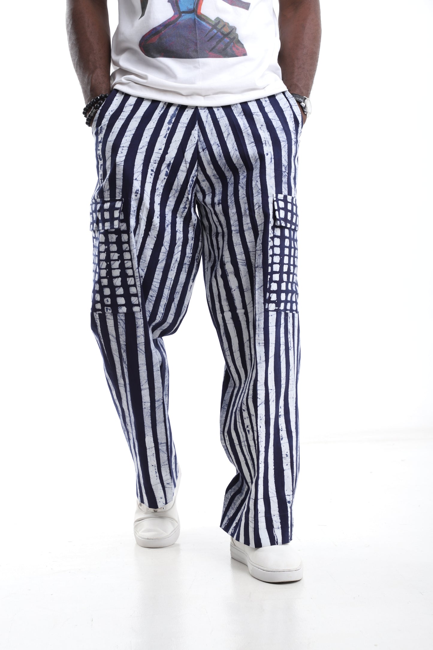 Navyblue and White Adire Cargo Trouser