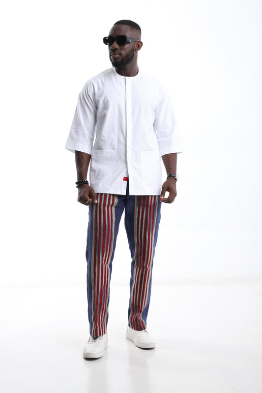 Aso-Oke Stripe Trouser & White Short Top Set