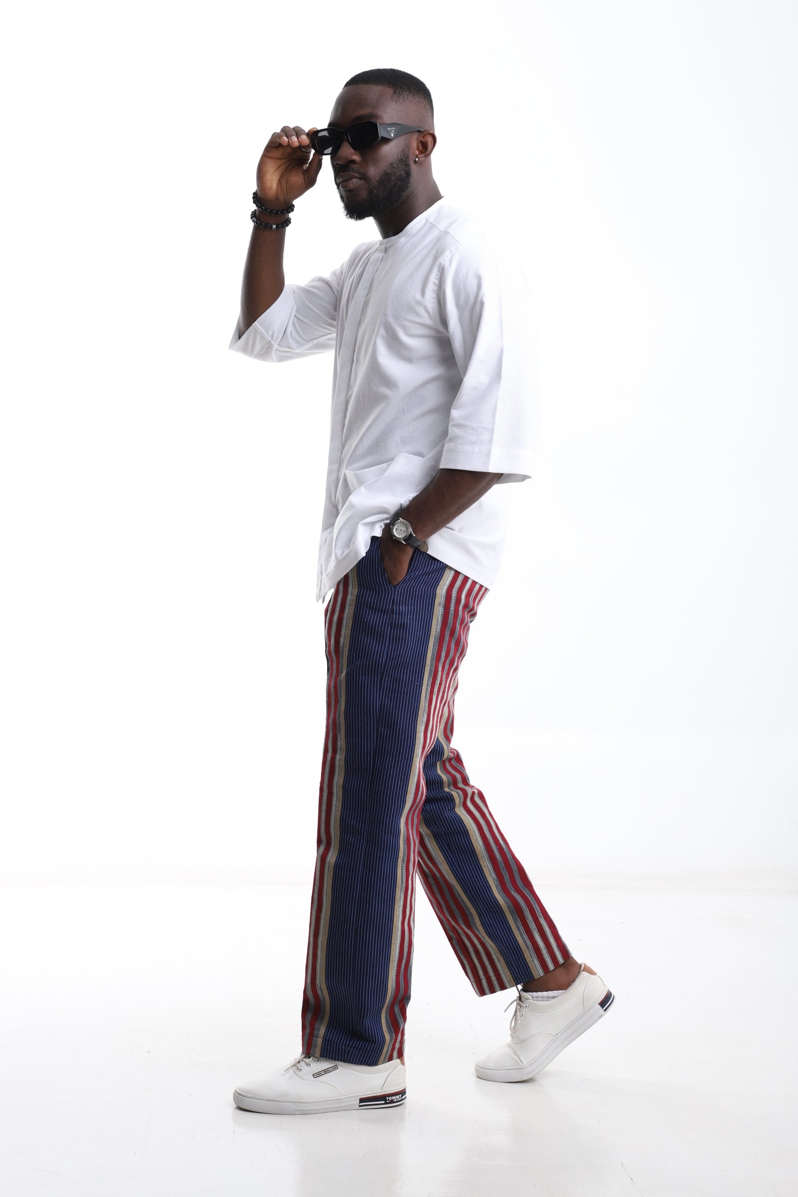 Aso-Oke Stripe Trouser & White Short Top Set