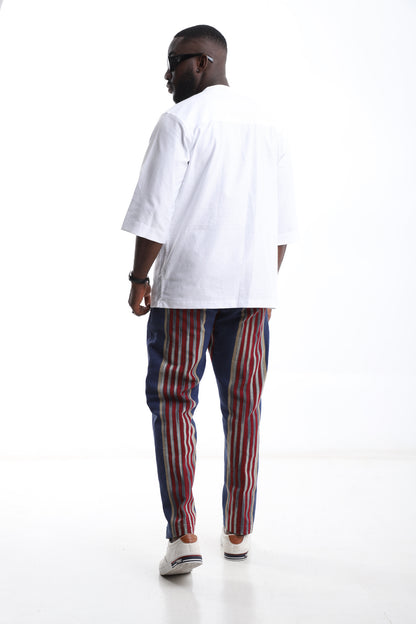 Aso-Oke Stripe Trouser & White Short Top Set