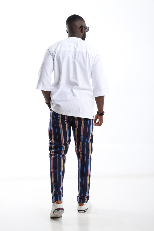 The Prestige Set – Aso-Oke Striped Trouser & White Kaftan Shirt Combo