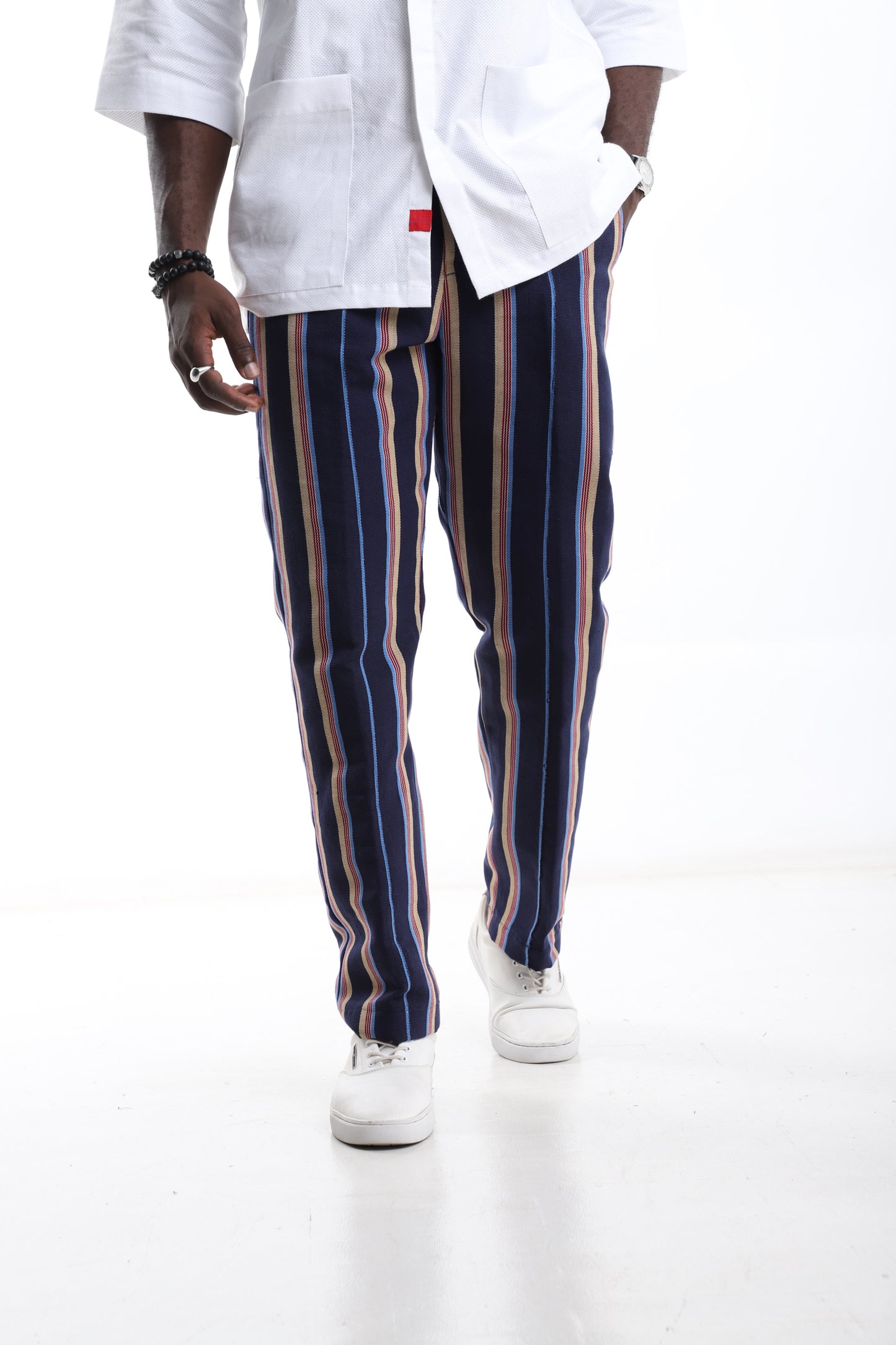Heritage Stride Aso-Oke Trouser – Navy Gold Stripe