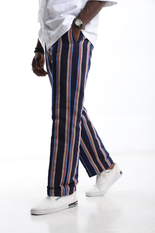 Heritage Stride Aso-Oke Trouser – Navy Gold Stripe