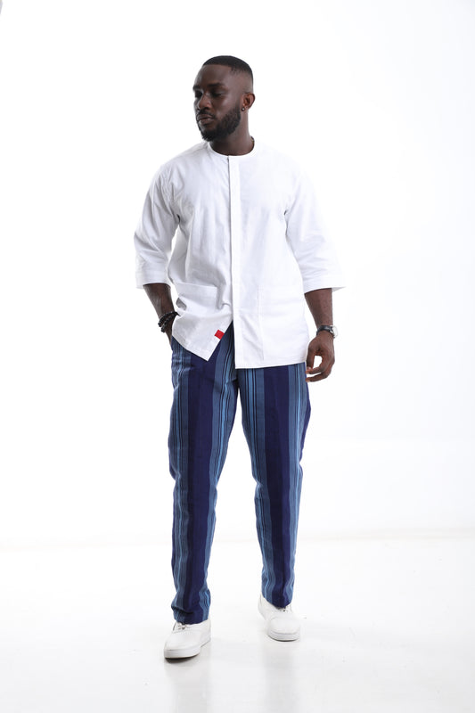 The Indigo Heritage Set – Aso-Oke Striped Trouser & White Tunic Shirt