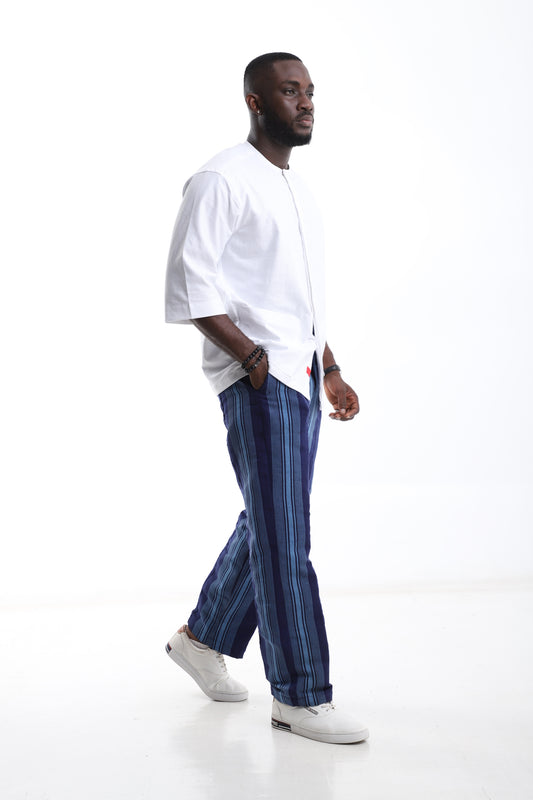 The Indigo Heritage Set – Aso-Oke Striped Trouser & White Tunic Shirt