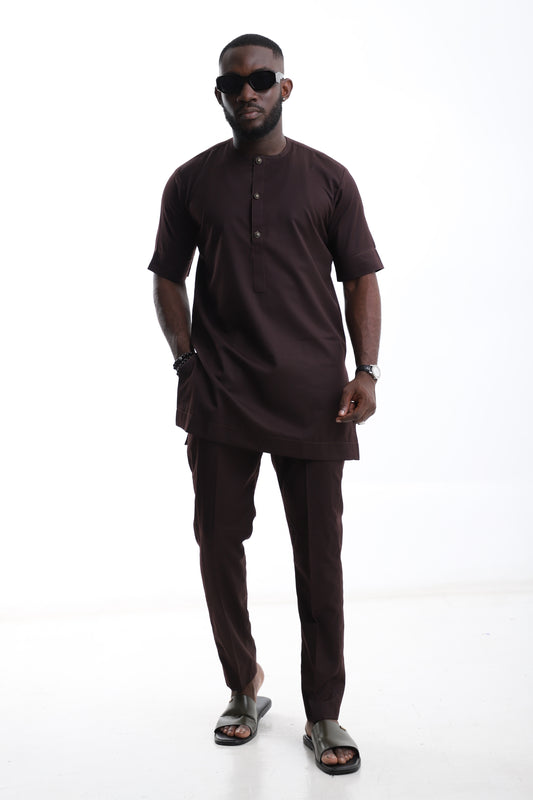 chocolate brown short-sleeve kaftan set
