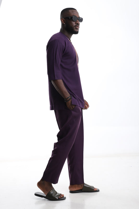 purple and gold embroidered kaftan set