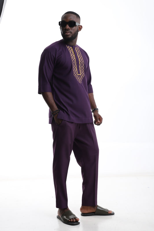 purple and gold embroidered kaftan set