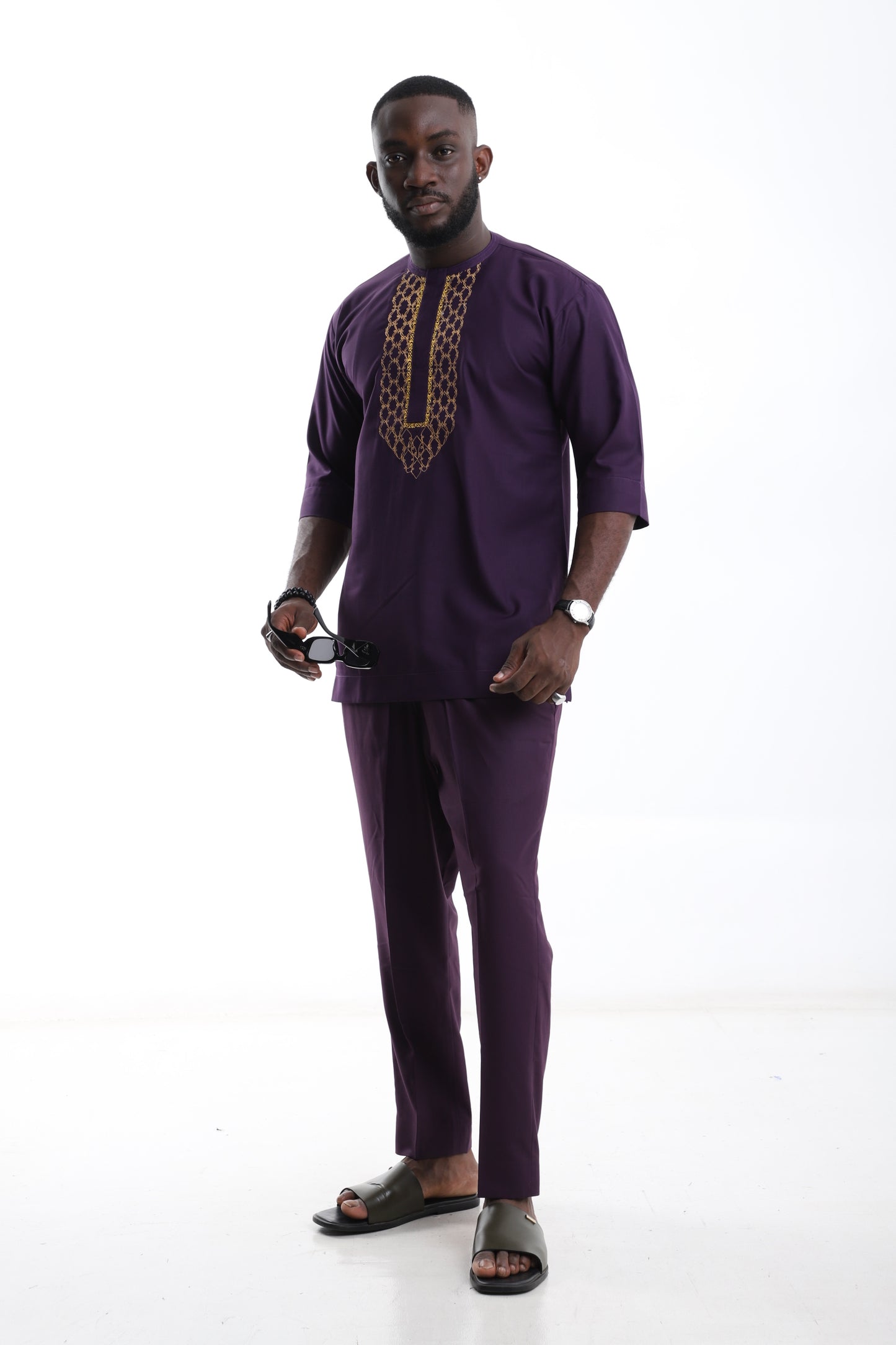 purple and gold embroidered kaftan set