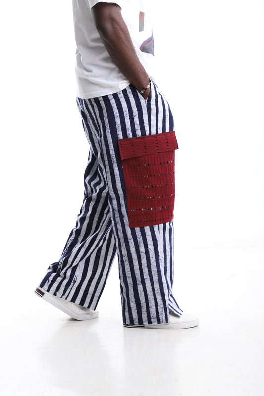 Exclusive Adire Wide-Leg Trousers with Bold Red Patch Pocket