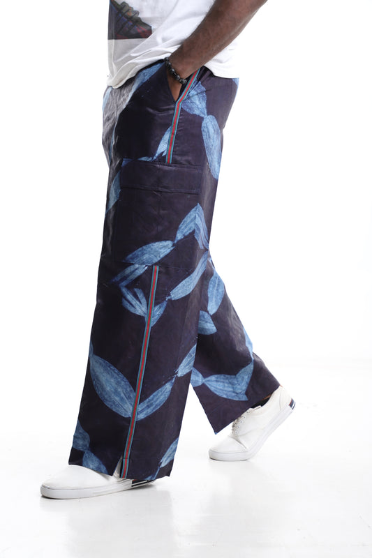 Handcrafted Indigo Adire Wide-Leg Trousers with Leaf Motif