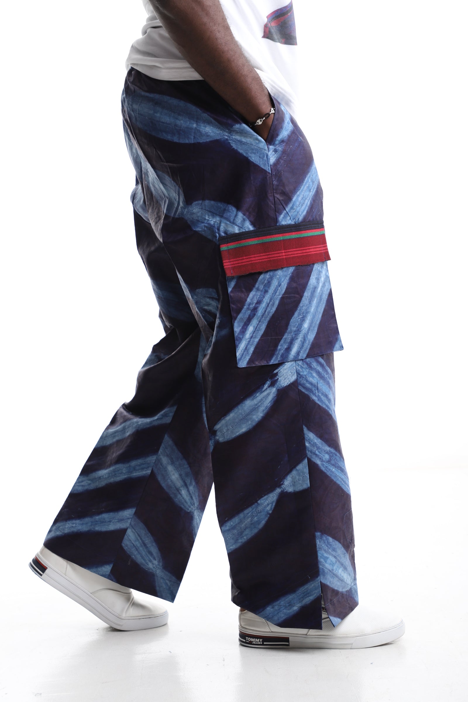 Handcrafted Indigo Adire Wide-Leg Trousers with Red Accent Pocket