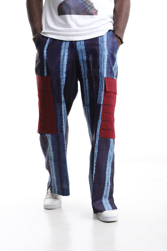 Vertical Stripe Adire Wide-Leg Trousers with Dual Red Patch Pockets