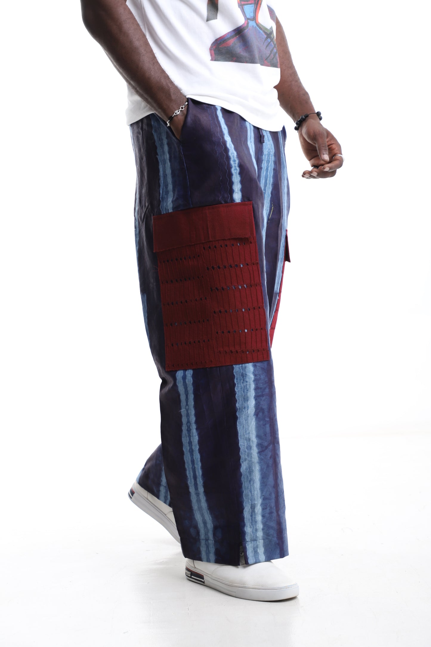 Vertical Stripe Adire Wide-Leg Trousers with Dual Red Patch Pockets