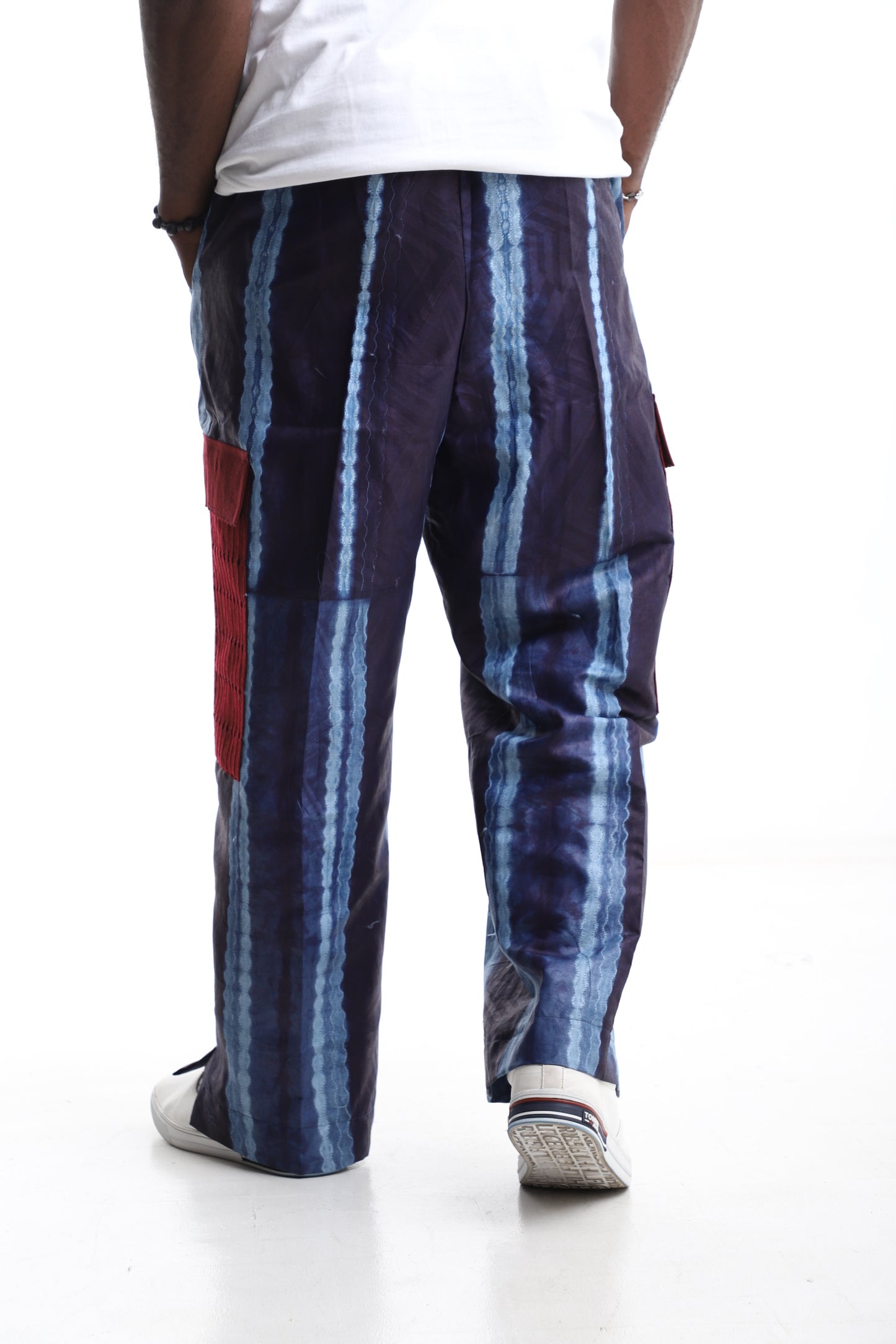 Vertical Stripe Adire Wide-Leg Trousers with Dual Red Patch Pockets