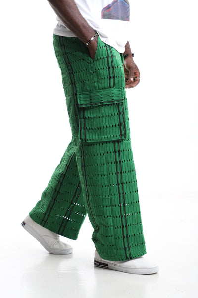 Green Handwoven Aso-Oke Cargo Trousers with Black Detailing