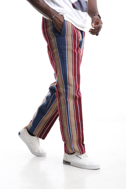 Handwoven Aso-Oke Striped Trousers – Red, Blue &amp; Beige