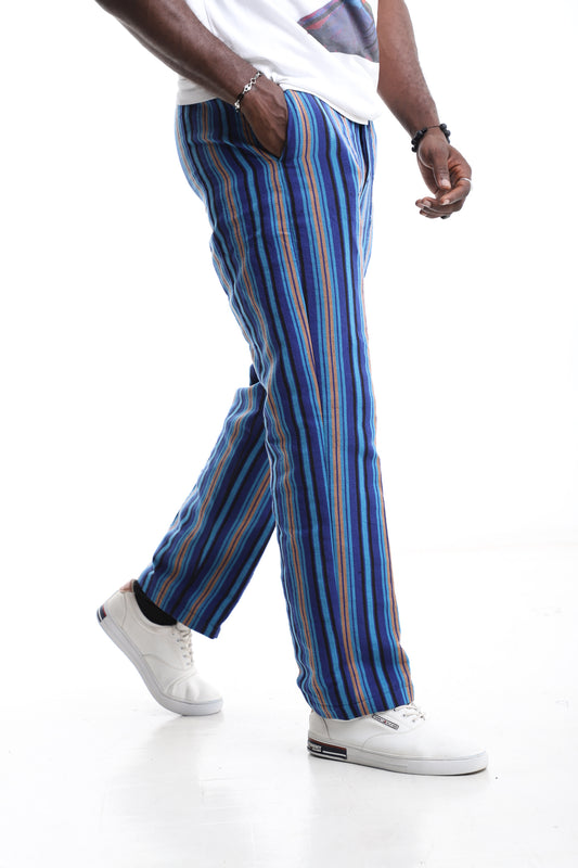 Handwoven Aso-Oke Striped Trousers – Blue &amp; Multicolor