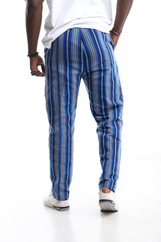 Handwoven Aso-Oke Striped Trousers – Blue &amp; Multicolor