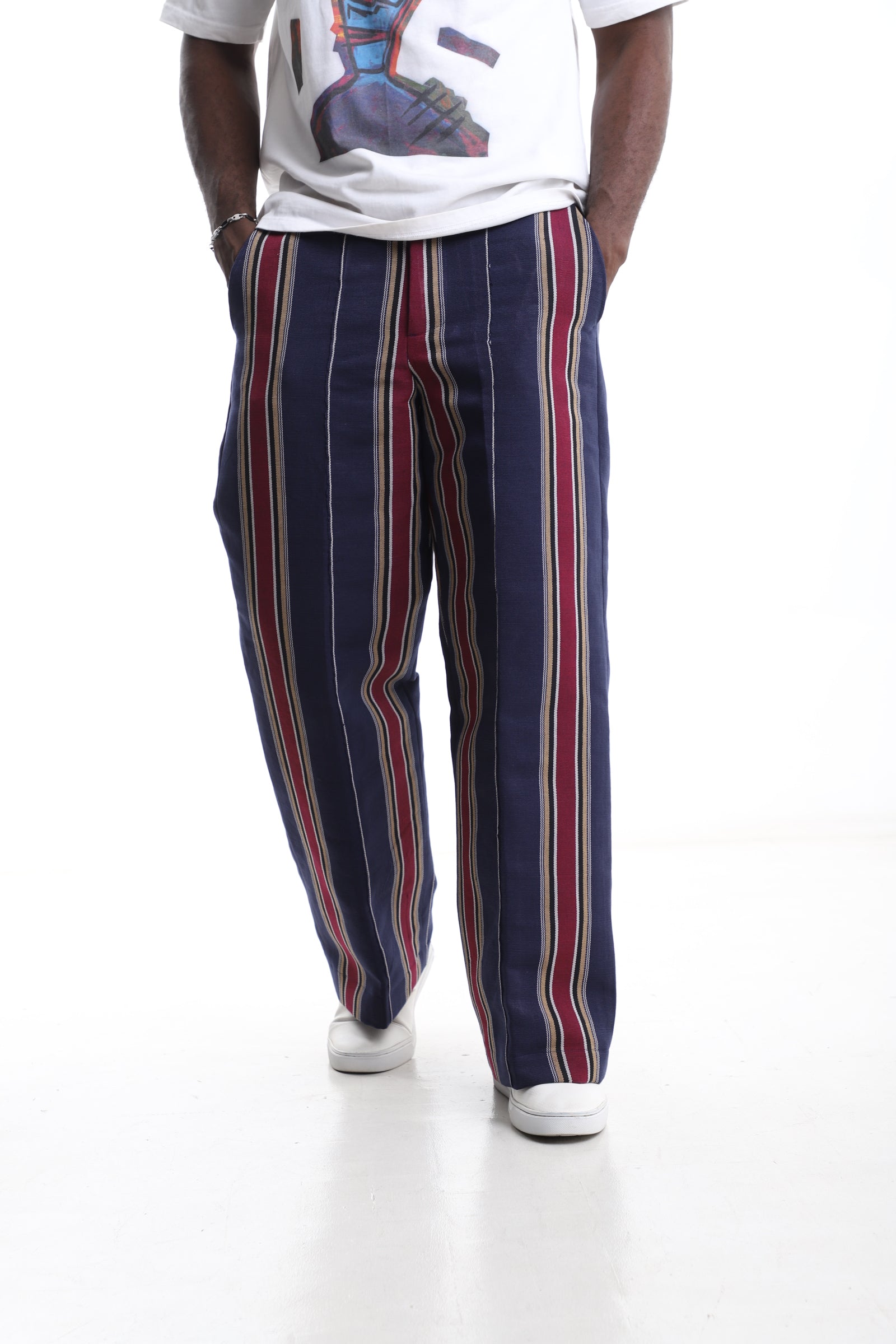 Exclusive Navy &amp; Burgundy Striped Aso-Oke Trouser
