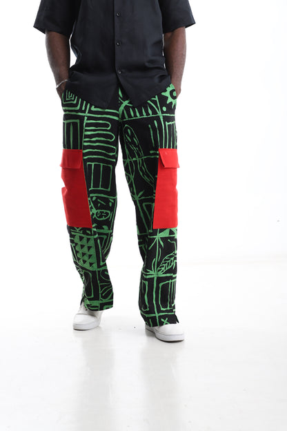 Exclusive Green &amp; Black Adire Trouser with Red Pocket Detail