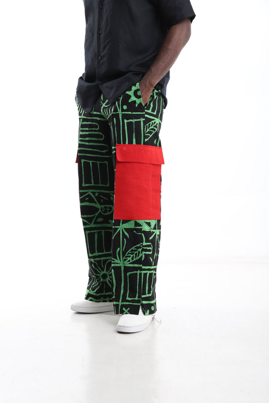 Exclusive Green &amp; Black Adire Trouser with Red Pocket Detail
