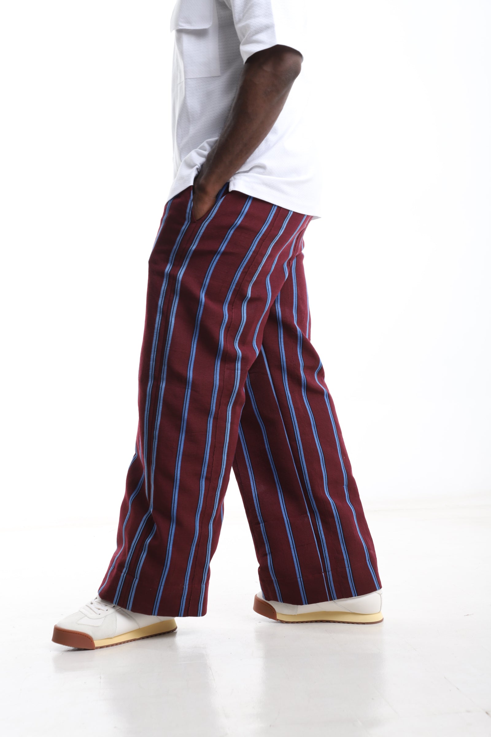 Exclusive Aso-Oke Trouser – Burgundy &amp; Blue Heritage Stripe