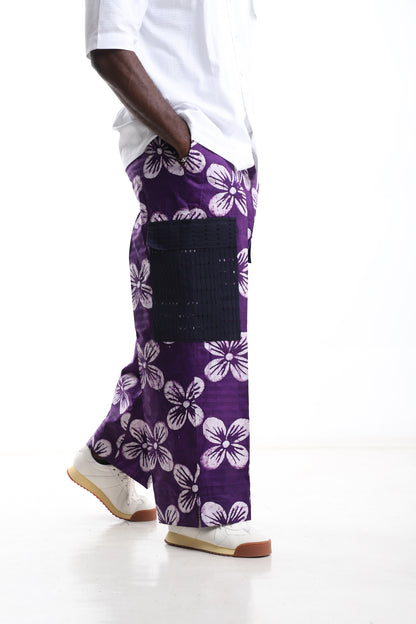 Exclusive Adire Trouser – Purple Floral Indigo Design