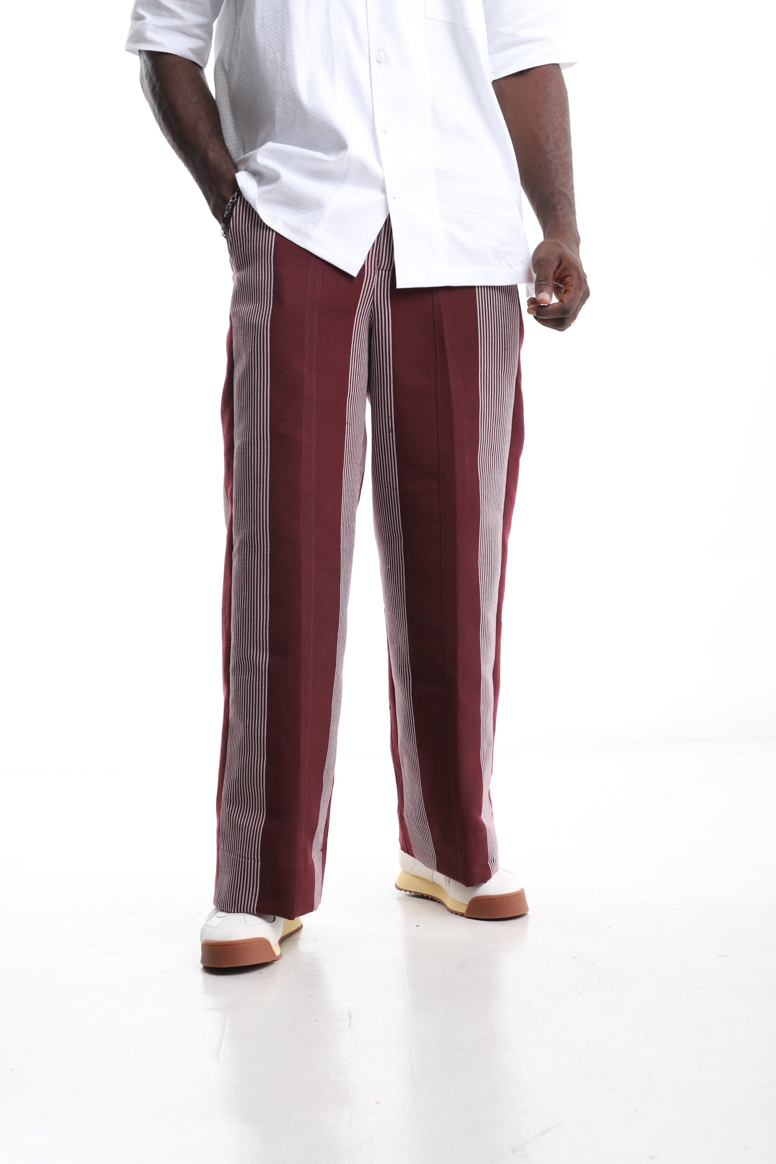 Exclusive Aso-Oke Trouser – Burgundy Heritage Stripes