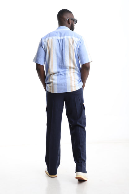 Exclusive Linen Ensemble – Sky Blue &amp; Navy Two-Piece Set