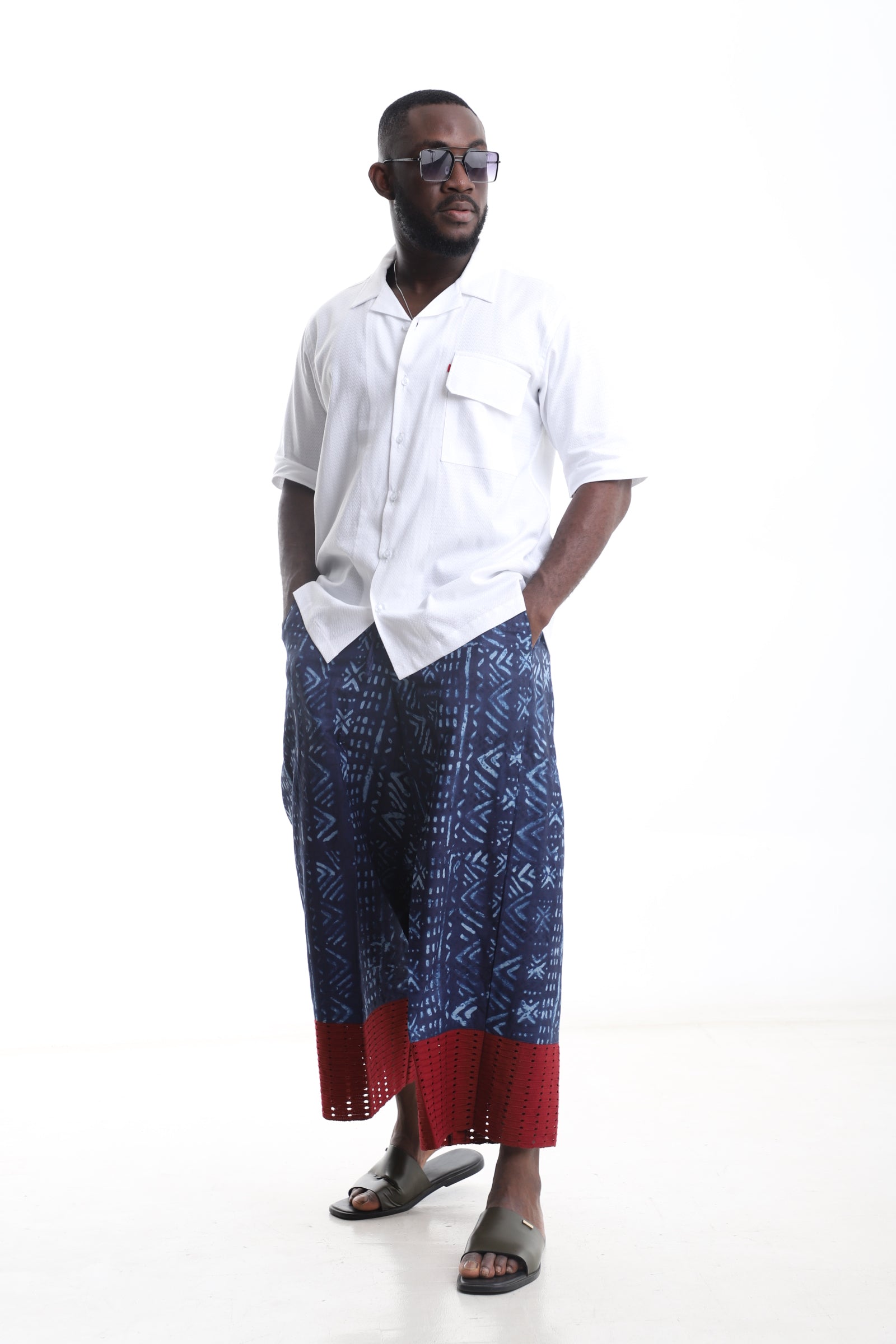 Adire Trouser &amp; White Linen Shirt Set