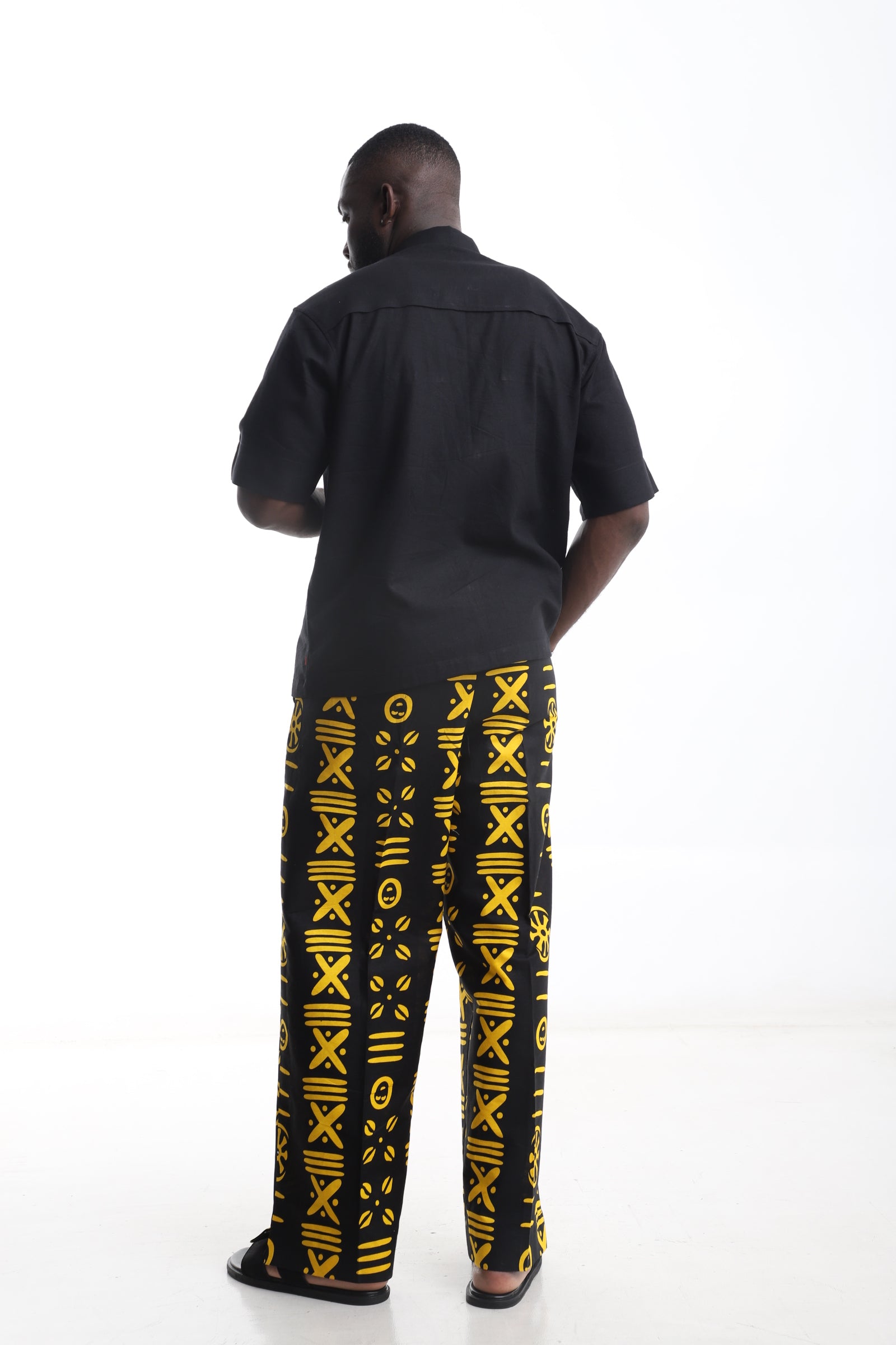 Tribal Print Pants &amp; Black Linen Shirt Set – Bold Tradition Meets Modern Edge