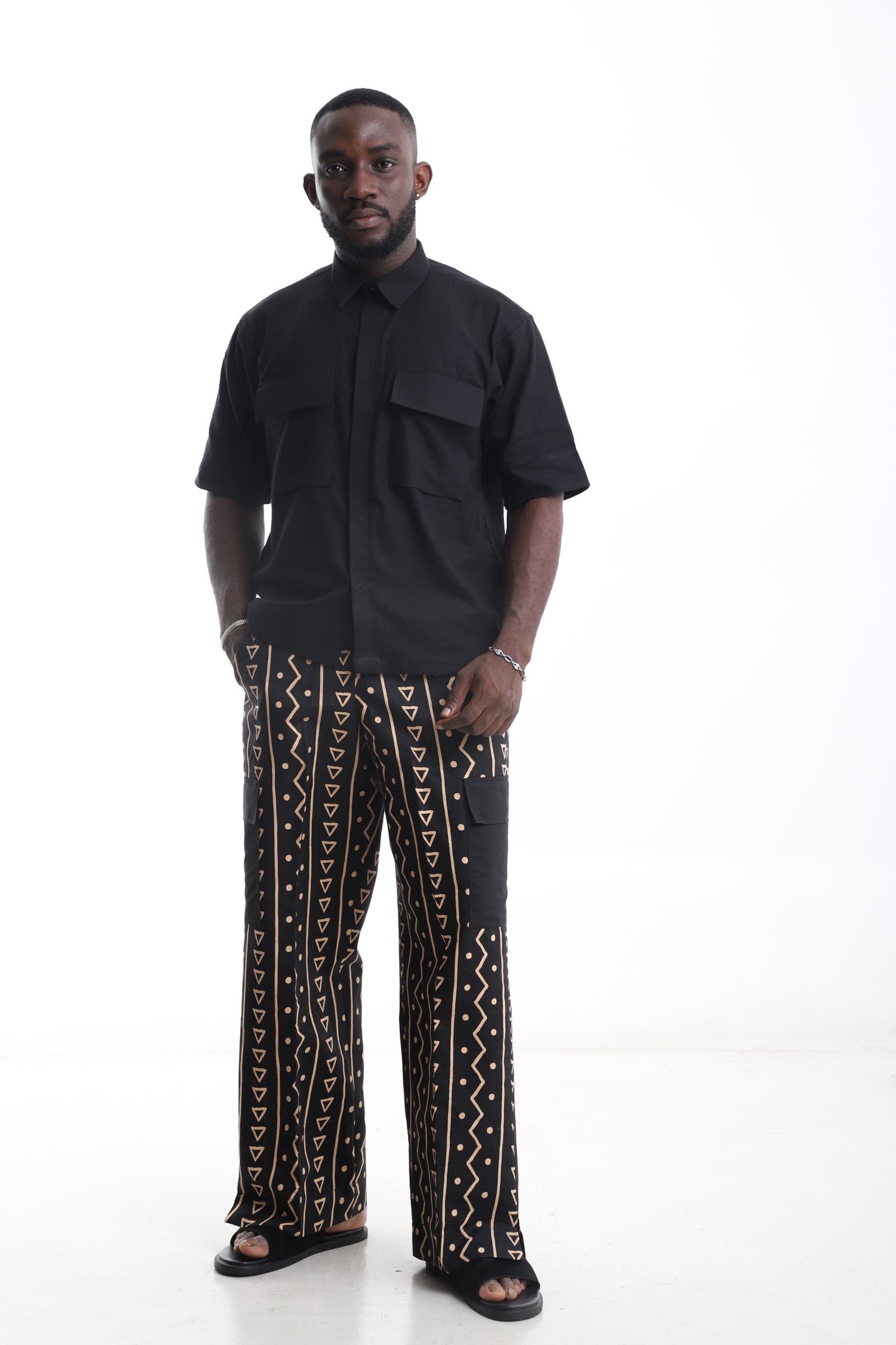 Tribal Pants &amp; Black Linen Shirt Set – Minimalist Power, Cultural Edge