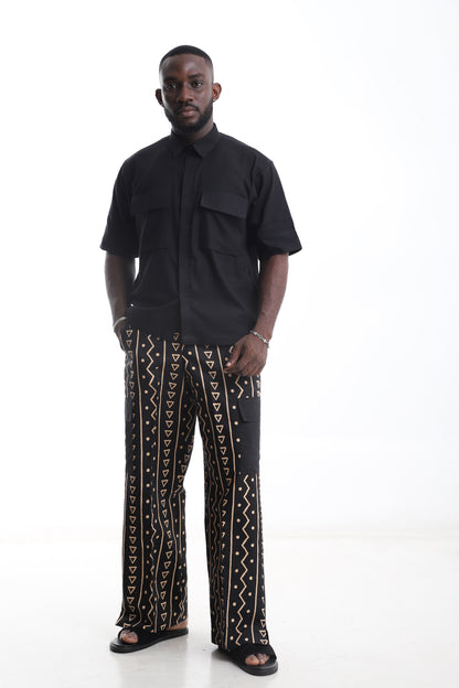 Tribal Pants &amp; Black Linen Shirt Set – Minimalist Power, Cultural Edge