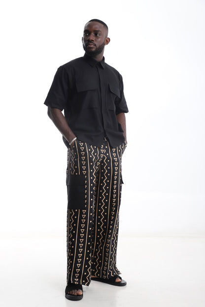 Tribal Pants &amp; Black Linen Shirt Set – Minimalist Power, Cultural Edge