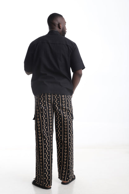 Tribal Pants &amp; Black Linen Shirt Set – Minimalist Power, Cultural Edge