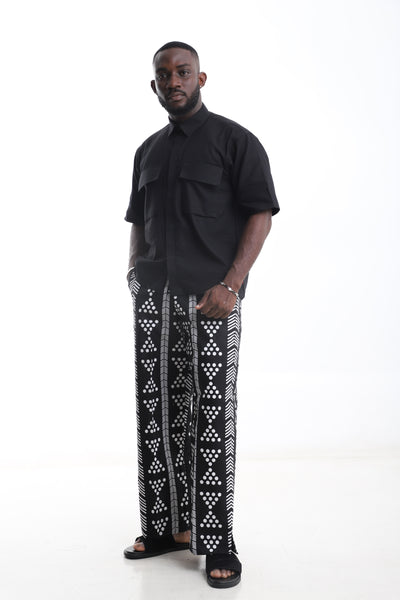 Black Linen Shirt &amp; White Tribal Pants Set – Refined Minimalism Meets African Artistry