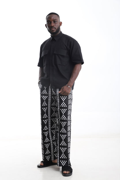 Black Linen Shirt &amp; White Tribal Pants Set – Refined Minimalism Meets African Artistry