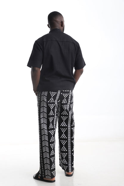 Black Linen Shirt &amp; White Tribal Pants Set – Refined Minimalism Meets African Artistry