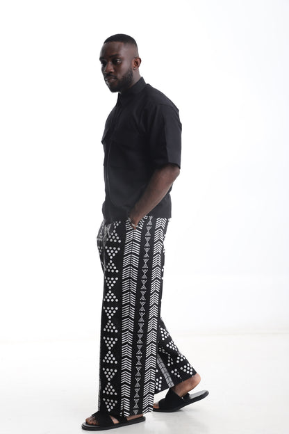 Black Linen Shirt &amp; White Tribal Pants Set – Refined Minimalism Meets African Artistry