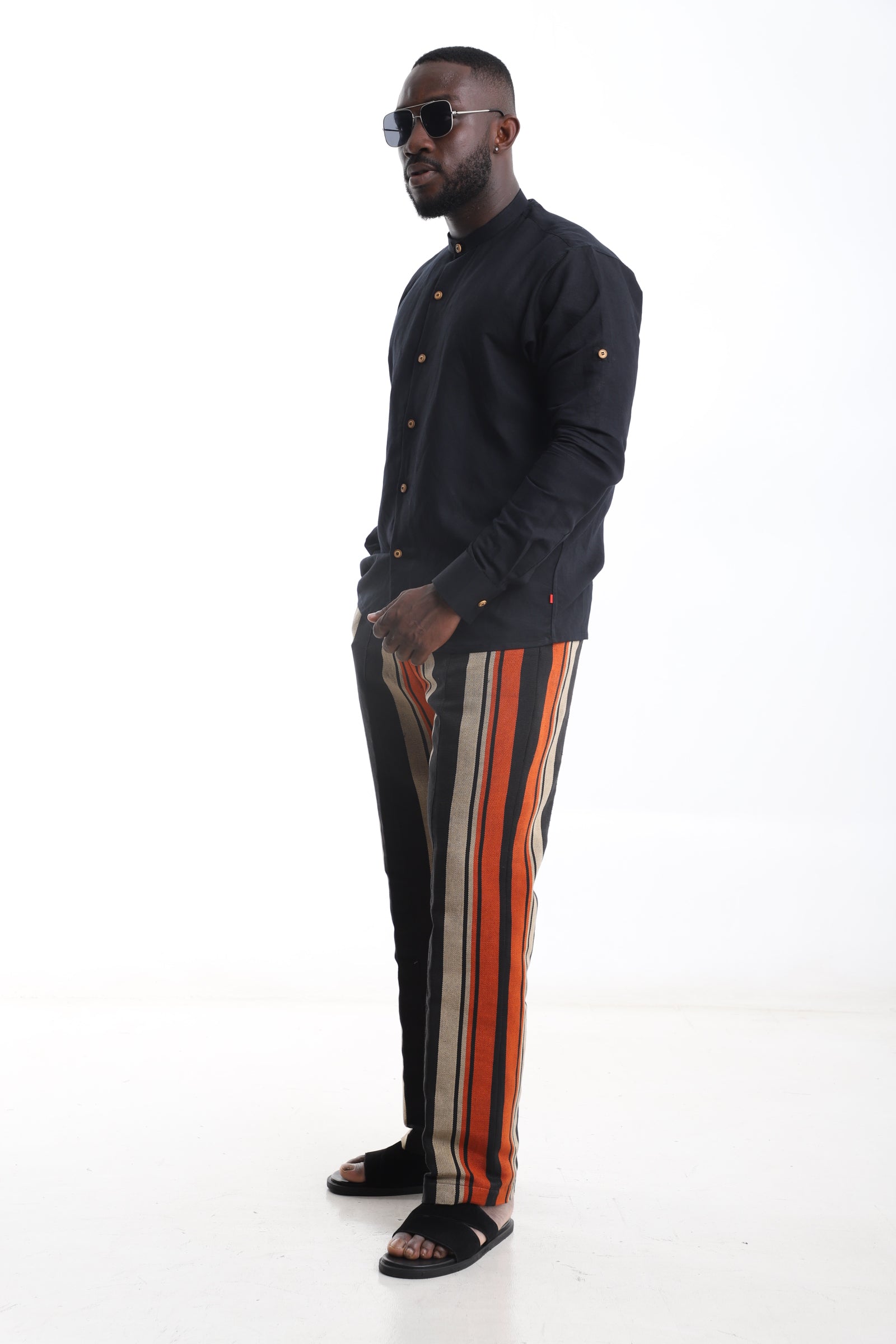 Bold Stripe Aso-Oke Trouser &amp; Black Linen Shirt Set – Refined Heritage, Effortless Power