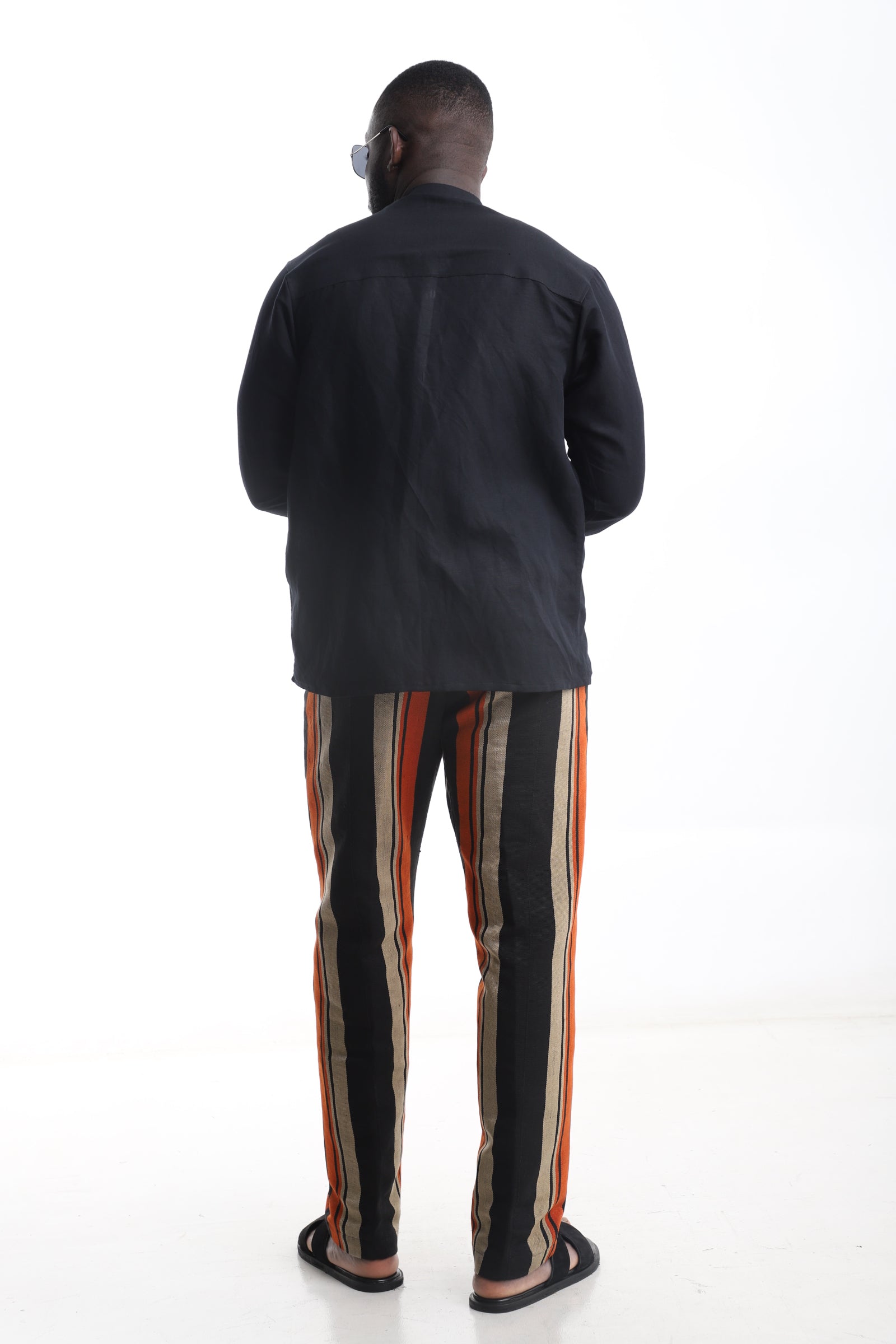 Bold Stripe Aso-Oke Trouser &amp; Black Linen Shirt Set – Refined Heritage, Effortless Power