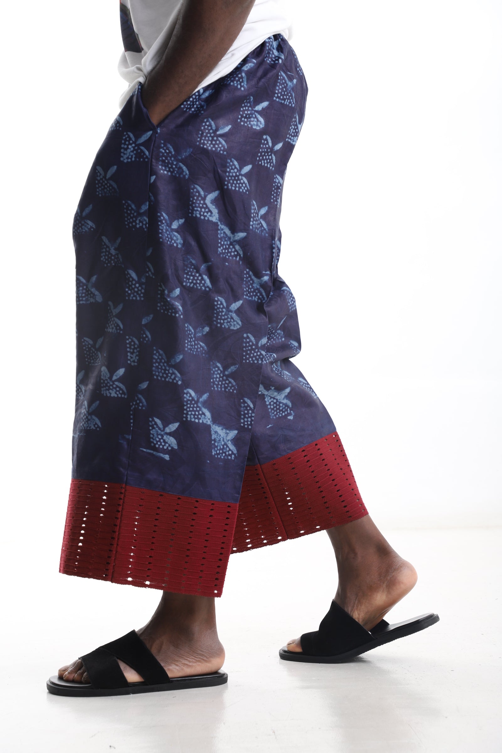 Adire Wide-Leg Trouser – Indigo &amp; Berry Red Hem